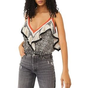 Free People Womens Anika B/W Ruffled V-Neck Shirt Tank Top Blouse NWT Small